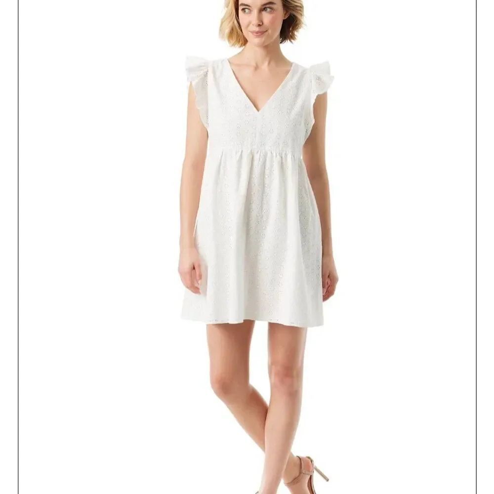 Jessica Simpson White cotton eyelet mini ruffle sleeve babydoll dress womens M